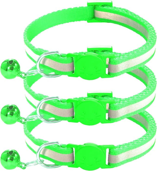 3 Pack Reflective and Breakaway Cat Collars with Bells，Adjustable Kitten Collars from 7.5 to 12.5 Inches, Ideal of Kitten Collar, Suitable for Girls and Boys(Green)