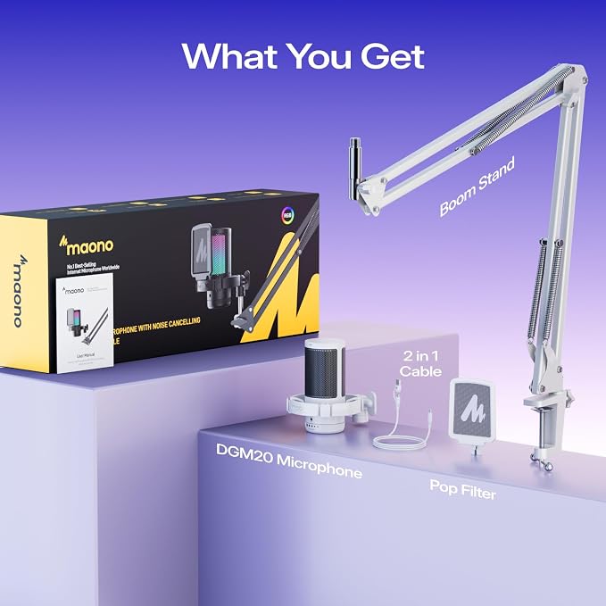 MAONO DGM20S USB Microphone for PC with Clear Voice & Noise Reduction | RGB Lighting, Tap-to-Mute, Gain Control, Monitoring and Boom Arm for Discord Gaming, Streaming, Content Creation.White