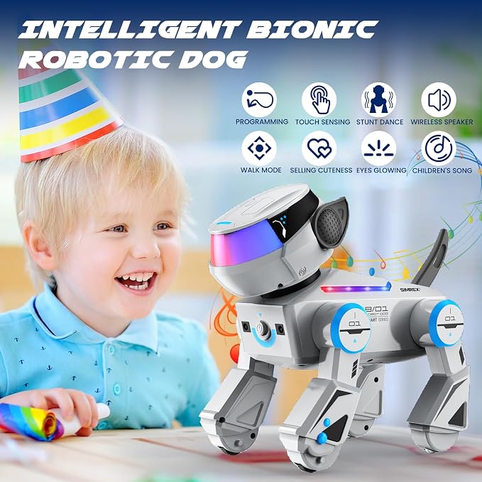 SIMREX Robot Dog Toys for Kids – Smart Interactive Robot Puppy with Bluetooth,Touch Sensor, Dance Tricks, LED Eyes, 2 Rechargeable Batteries, Gift for Kids Boys and Girls(Gray)