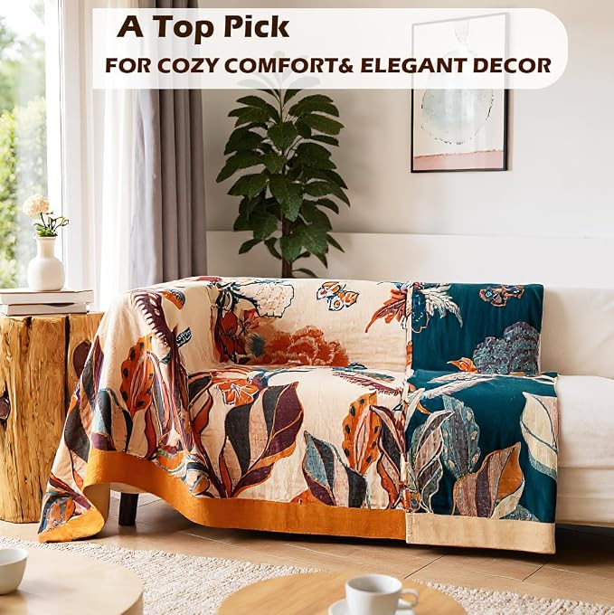 VANJOROY Boho Throw Blanket, 100% Organic Cotton Breathable Soft Lightweight All Season Rustic Bed Throw - Floral Bird Farmhouse Decor Blanket for Sofa Couch Chair Quilt and Gift. 60" x 80"