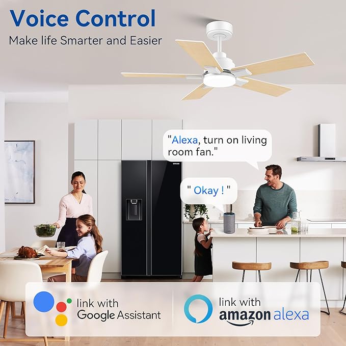 42Inch Smart Ceiling Fan with Lights Remote,APP&Voice Alexa WIFI Controled,Quiet Reversible DC Motor,Dimmable LED,Indoor Outdoor,Small Modern Ceiling Fan,for Bedroom Patio Porch,White&Light Wood