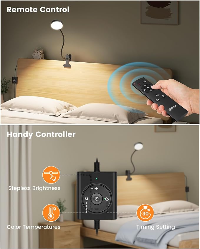 Glocusent 5W Desk Lamp with Remote, 3 Colors & 5 Brightness Reading Lights | Flexible Gooseneck Clip on Lamp, 30-Min Timer Reading Lamp, Perfect Clip on Light for Bunk,Bed,Headboard,Table,Work,Craft