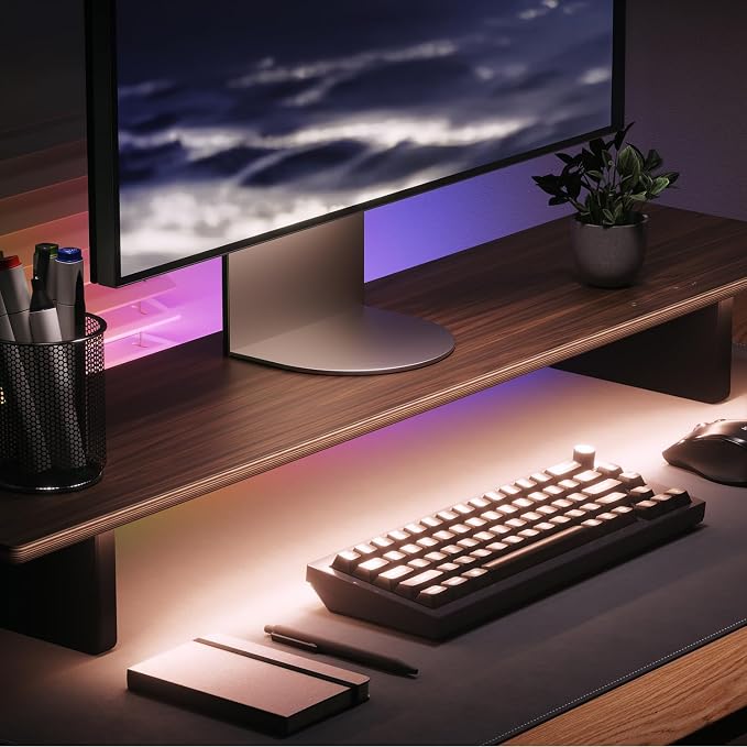 Nanoleaf Smart Monitor Stand, Wood Riser, RGB LED Task & Ambient Light | Ergonomic monitor stand with built-in ambient LED lighting, smart desktop accessory for home office & gaming setups