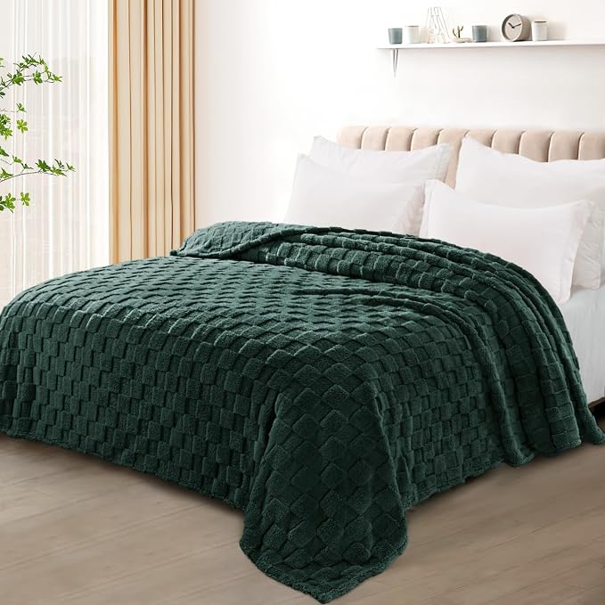 Exclusivo Mezcla 3D Checkered Fleece Twin Blanket for Bed, Green | Super Soft and Cozy Fluffy Bed Blanket, Cute Fuzzy Blanket for Teens Back to School, Dorm Essentials, All Season, 60"x80"