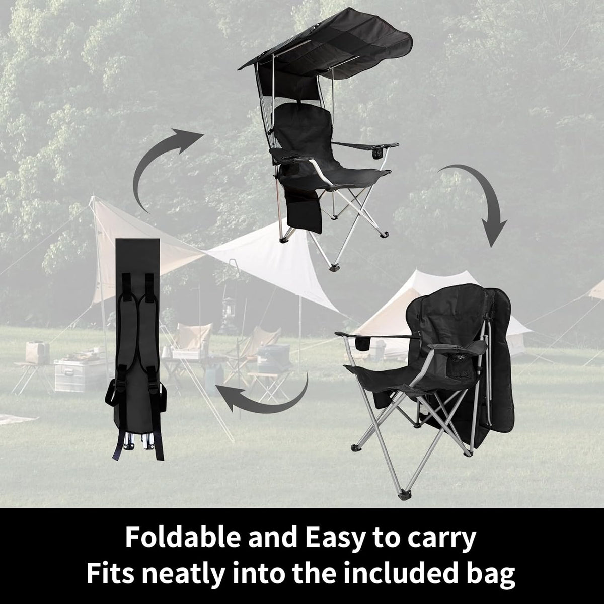 Skiennix Portable Camping Chair - Folding Lounge Chair with Canopy Shade & Cup Holder | Supports 330 LBS (Black)