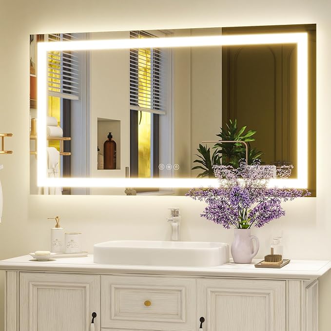 48'' x 32'' LED Bathroom Mirror with Lights, Wall Mirror with Front and Backlight, 3 Colors Vanity Mirror with Lights, Anti-Fog Wall Mirror for Bathroom