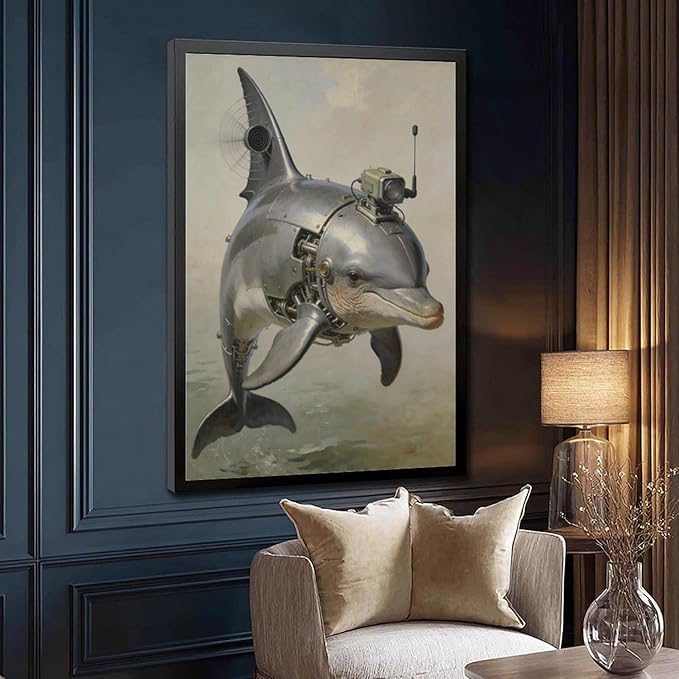 Framed Steampunk Mechanical Dolphin Wall Art - Marine Retro-Futuristic Poster for Beach House Living Room Decor 24x36in
