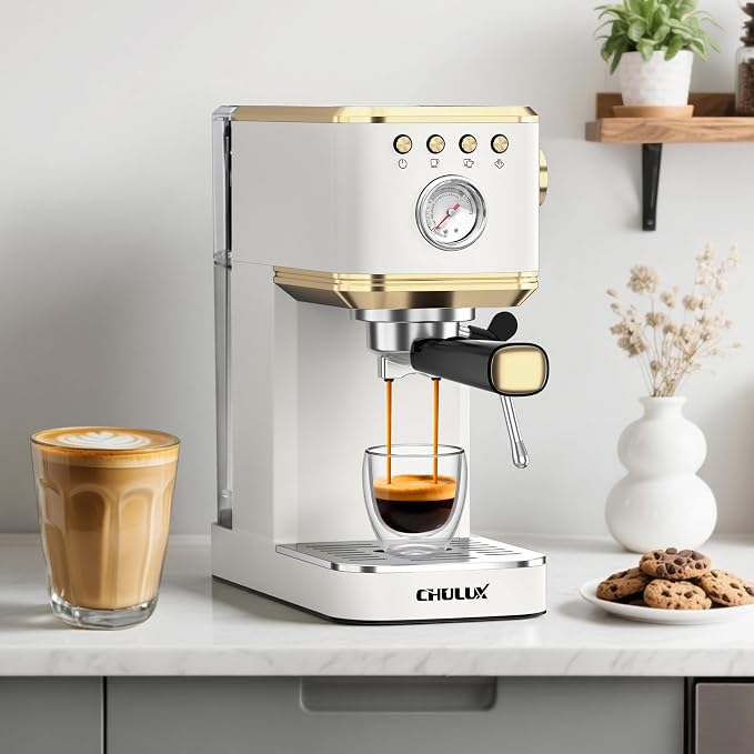 CHULUX Slim Espresso Machine with Milk Frother for Home Latte, White & Gold | Precise Pressure Gauge, Food-Grade Materials, 20 Bar Italian Pump, Professional Temperature Control System, Stainless Steel