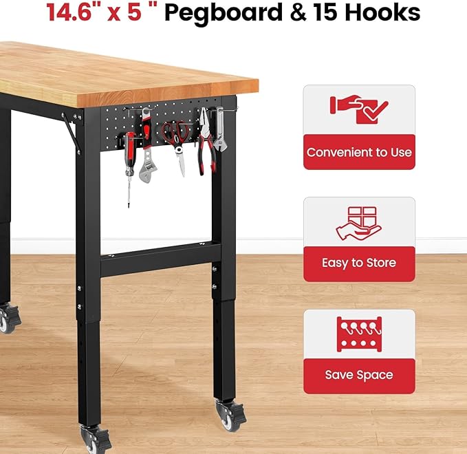 ENJOYWOOD 60" x 22" Heavy Duty Workbench with Wheels, Adjustable Height Garage Work Table with Solid Rubberwood Top, Pegboard & Power Outlets for Workshop, Home & Office