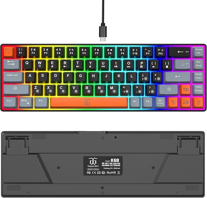Snpurdiri 60% Percent Gaming Keyboard (68 Keys, Black-Grey-Orange) | Compact RGB Backlit Small Gaming Keyboard for Windows, PC, Laptop