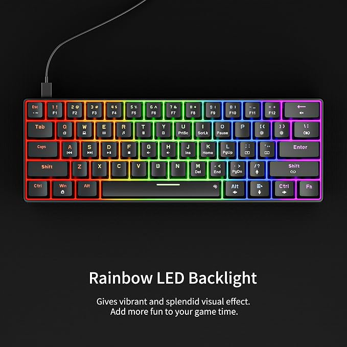 Newmen GM611 Mechanical Keyboard,LEDBacklit Wired Gaming Keyboard RedSwitch | Compact Portable,Mini 61 Keys,LED Backlit,60 Percent Mechanical Keyboard,Black Keycaps,Windows Laptop PC,Linear Red Switches