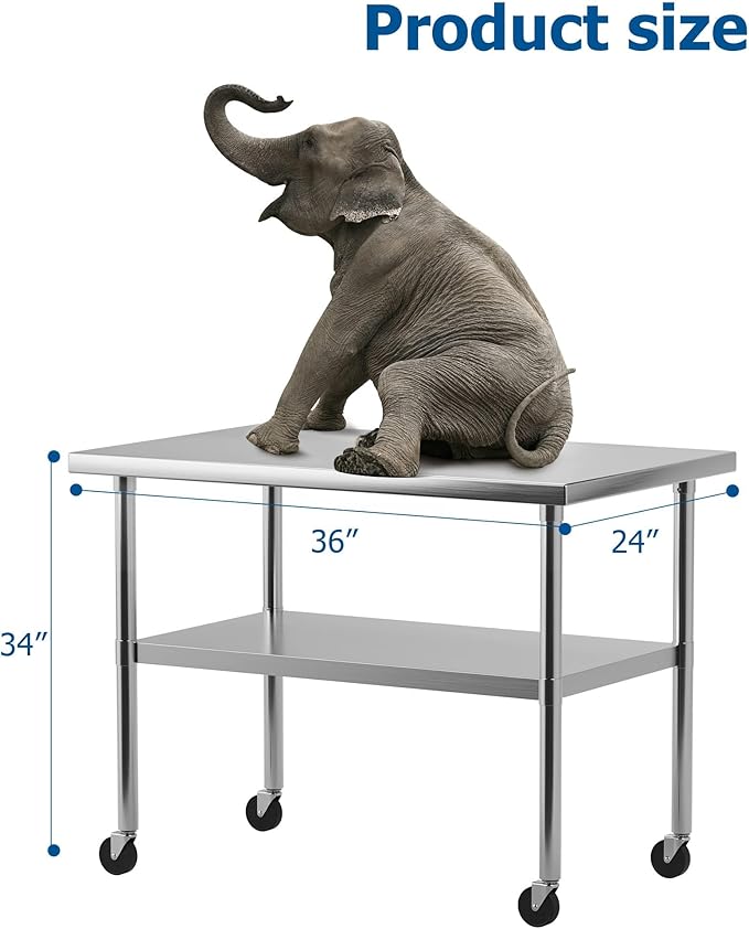 DEXSO Stainless Steel Table[36" X 24"][NSF Certified] with Undershelf[Caster Wheels] Heavy Duty Metal Commercial Kitchen Table for Home, Restaurant, Hotel