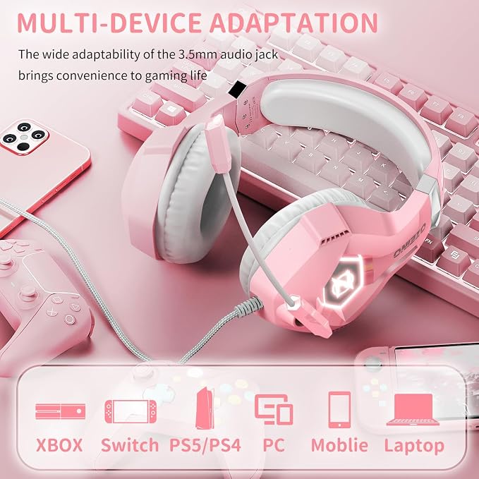Ozeino Gaming Headset for PC, Ps4, Ps5, Xbox Headset with 7.1 Surround Sound, Gaming Headphones with Noise Cancelling Mic RGB Light Over Ear Headphones for Xbox Series X/S, Switch-Pink