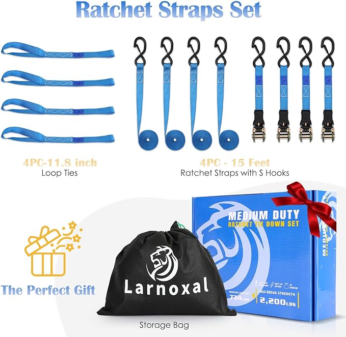 Ratchet Straps 4 Pack - 2,200 Lbs Break Strength 1 in x 15 Ft Medium Duty Ratchet Tie Down Straps with S Hooks Set for Truck, Cargo Van, Trailer, Motorcycle (Blue)
