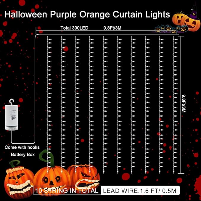 echosari Halloween Curtain Lights Battery Operated, 300 LED Purple Orange Fairy Curtain Lights 9.8Ft x 9.8Ft Hanging Lights with Remote Timer for Party Garden Yard Decor
