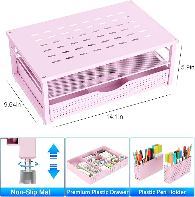 gianotter Desk Organizers and Accessories, Monitor Stand with Drawer and 2 Pen Holder, Desktop Organizer Suitable for Offices and Dormitories (Pink)