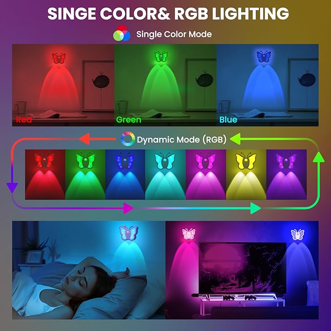 LOFTEK Rechargeable Motion Sensor Night Light, RGB Color Changing & Dimmable Butterfly Night Light for Kids, Wireless Stick on Wall, Bedside, Bathroom, Hallway, Stairs, Cabinet, Black