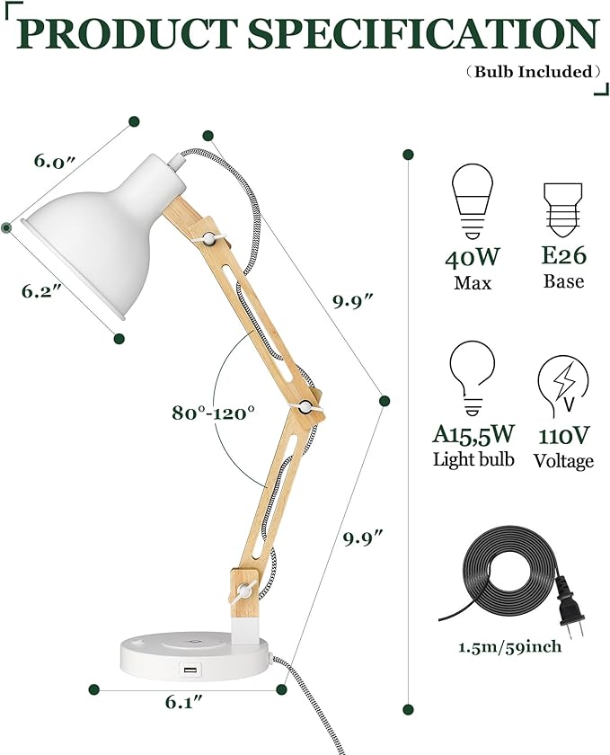 ELYONA White Desk Lamp with Wireless Charger, Solid Wood Table Lamp with USB C Charging Port, Swing Arm Reading Task Light with 5W LED Bulb for College Dorm, Office, Living Room, Bedroom, Farmhouse