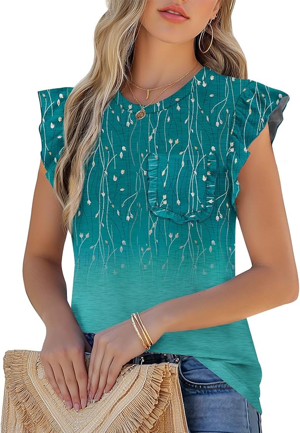 JUSTFASHIONNOW Womens Summer Tops Striped T-Shirts 2026 Ruffle Short Sleeve Crew Neck Casual Blouses with Pocket