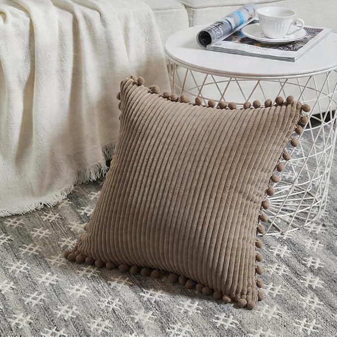 Fancy Homi Set of 2 Light Brown Decorative Throw Pillow Covers 16x16 Inch with Pom-poms, Boho Farmhouse Home Decor, Soft Corduroy Square Cushion Case for Living Room Couch Bed Sofa 40x40 cm