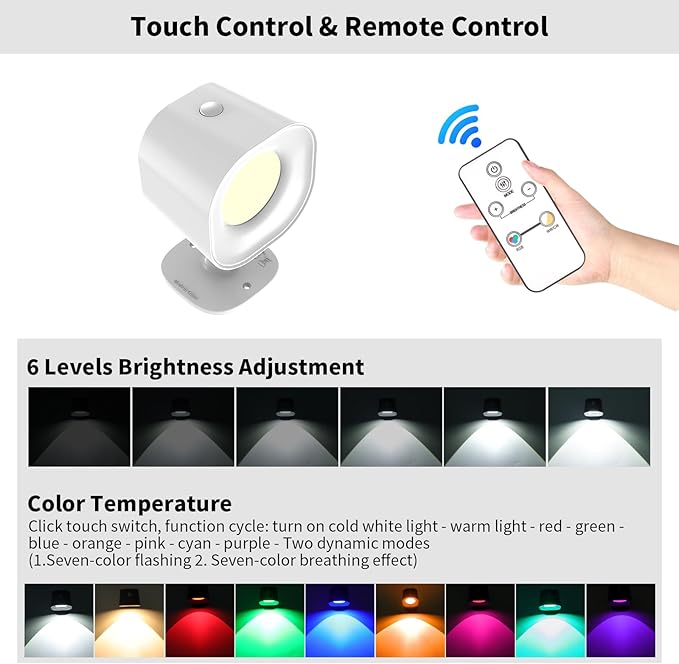 Motion Sensor LED Wall Lights with Remote, Cordless LED Wall Mounted Sconces with RGB & Warm White Lighting, Rechargeable Indoor Wall Lamp for Bedroom Bedside Living Room Corridor Picture
