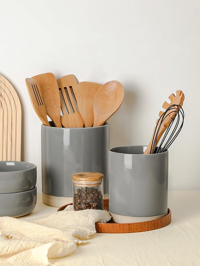 famiware Milkyway Kitchen Utensil Holder for Countertop, 7.2"+5.8" Ceramic Cooking Utensil Crocks for Counter, Utensil Organizer for Spatula & Spoon, Kitchen Decor, Set of 2, Dark Gray