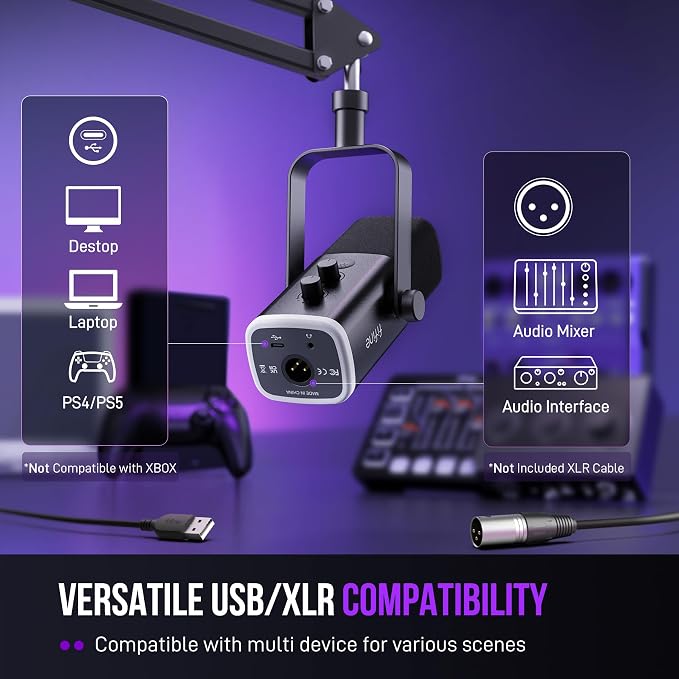 FIFINE AmpliGame AM8T XLR/USB Gaming Microphone Set, Dynamic PC Mic | Streaming RGB Mic Kit with Boom Arm Stand, Mute Button, Headphones Jack, for Podcasting Recording Vocal Voice-Over