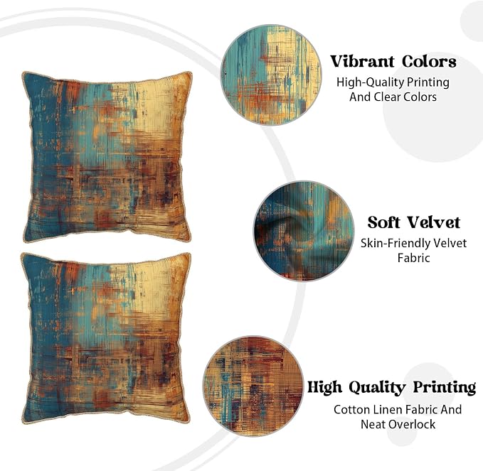 Vintage Abstract Teal Orange Velvet Pillow Covers 16x16 InchMessy Blue Rust Throw Pillows for Couch Cushion Covers Pillowcase Retro Colorful Art Pillow Cases for Sofa Bed Living Room
