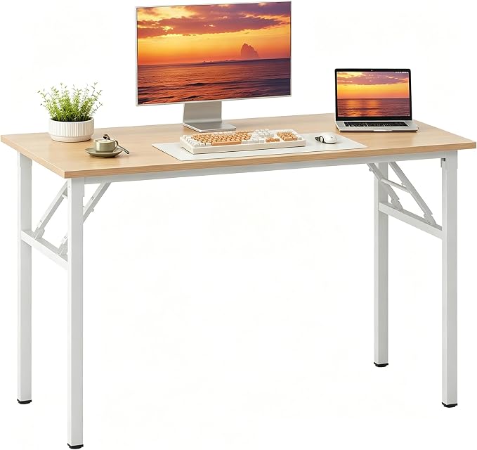 Need Office Computer Desk 47.2x23.6 in Sturdy Folding Laptop Table Teak | White Frame Writing Gaming Work Table/Foldable Home Office Desk/Sewing Table, No Assembly Required