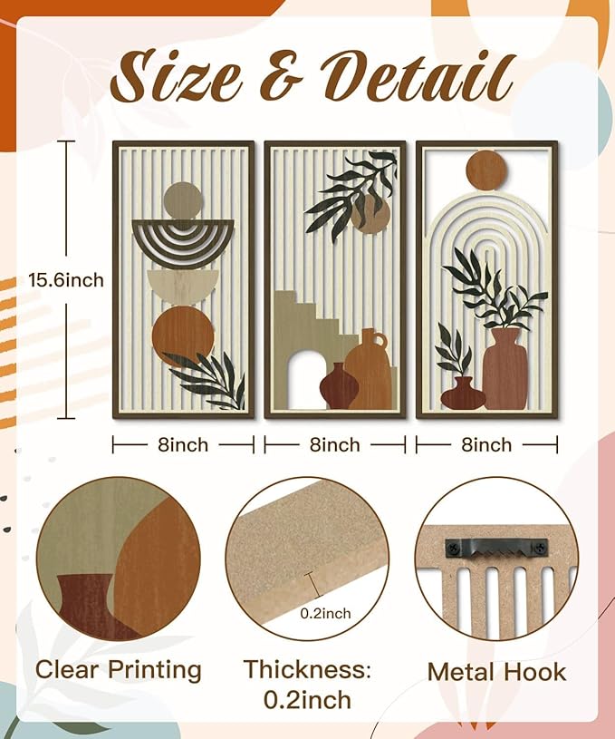Putuo Decor Boho Wall Art Set of 3, Abstract Geometric Wooden Wall Decor, Mid-Century Modern Aesthetic Artwork with Arch, Vase & Botanical Design for Living Room, Bedroom, Office, 16.5 x 8.6 Inch