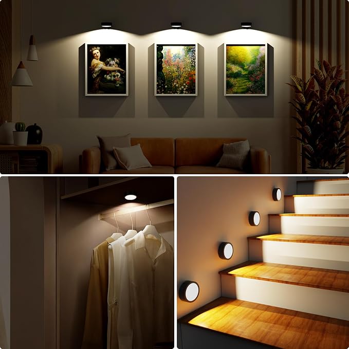 Tututry 3 Pack Wireless Picture Light, Rechargeable 2000mAh Battery Operated with Remote & Timer, Dimmable 3 Color Temps Magnetic Frame Light for Painting, Poster, Gallery Wall Decor
