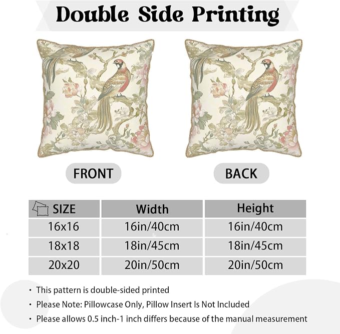 Vintage Cream Chinoiseriel Soft Velvet Throw Pillow Covers Set of 2 Bird Floral Flowers Leaves Decorative Pillow Covers 20x20 Inch Rustic Farmhouse Pillow Case For Sofa Couch Living Room Home Decor