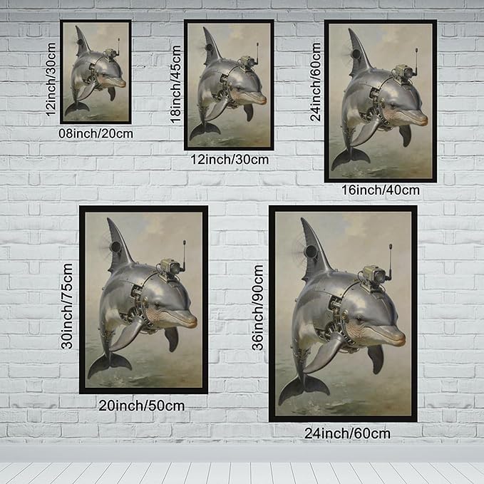 Framed Steampunk Mechanical Dolphin Wall Art - Marine Retro-Futuristic Poster for Beach House Living Room Decor 24x36in