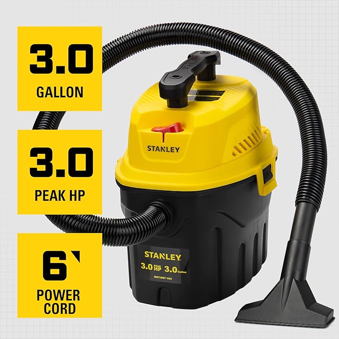 Stanley 3 Gallon Portable Shop Vacuum, 3 Peak HP Wet Dry Suction Vac,Multi-functional Crevice Nozzle with Retractable Hose Vacuum for Home, Car Detailing, Jobsite, Garage & Workshop SL18910P-3