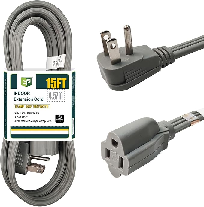 EP 15 Ft Heavy Duty Appliance Extension Cord - 14 Gauge 3 Prong Grounded Cable Wire, Ideal for Air Conditioners, Refrigerators, Microwaves, Washing Machines & More - Indoor Use, Gray