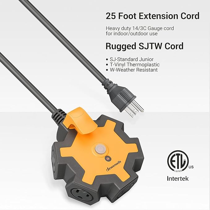 DEWENWILS 5-Outlet Power Strip, 25FT Heavy Duty Extension Cord, 14/3 SJTW, Industrial Power Strip for Garage, Workshop, 15A Circuit Breaker, Swivel Safety Covers