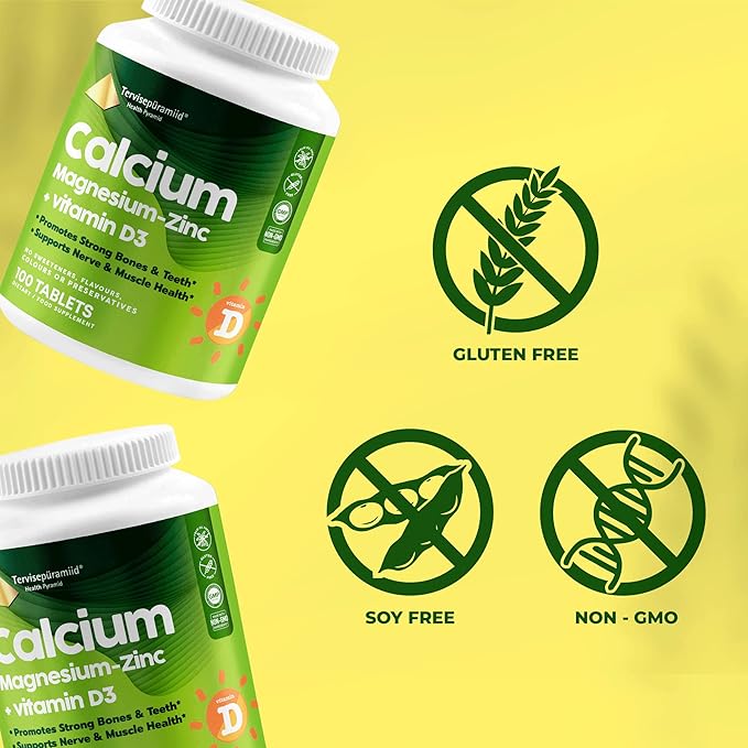 Health Pyramid Calcium Magnesium Zinc with Vitamin D3 Supplement for Strong Bones and Teeth Cal Mag Zinc Supports Nerve and Muscle Health 100 Vegan Tablets