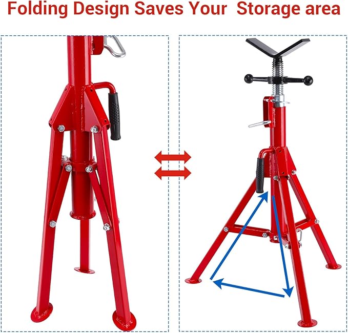 V Head Pipe Jack Stand Robust Steel Heavy-Duty Construction | 28-52 Inch Adjustable Height | 2500 Lb Load Capacity | with Portable Folding Legs | Ideal for Welding, Automotive, Construction Projects