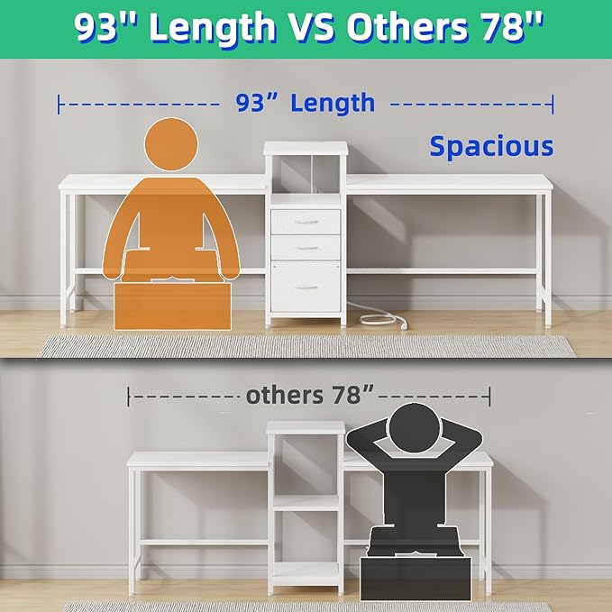 GYIIYUO 93'' Two Person Desk with Charging Station, Long Desk with 3 Drawer | Double Computer Desk with Printer Shelf, 2 Person Writing Study Table Workstation for Home Office, White
