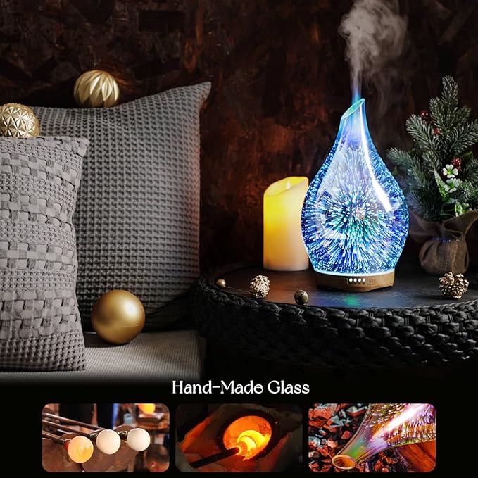 Porseme Essential Oil Diffuser 280ml Aromatherapy Ultrasonic Oil Diffusers 3D Glass Cool Mist Humidifier, Air Refresh Auto Shut-Off, Timer Setting, BPA Free for Home Hotel Yoga Leisure SPA Gift