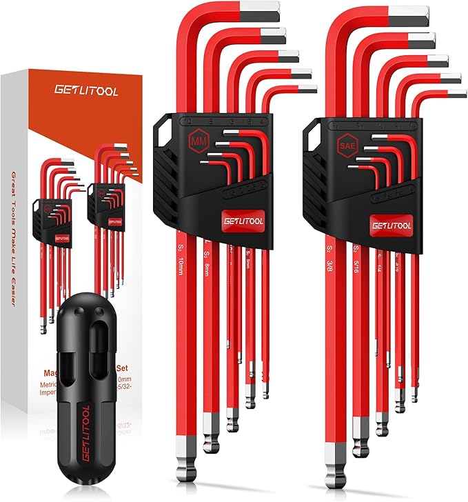 GETLITOOL 18PCS Magnetic Allen Key Set, S2 Steel Long Allen Wrench Set Metric(1.5mm-10mm) & SAE(1/16"-3/8"), Ball End Hex Key L-key with Size-Marked & Torque Handle for Bike Repair, Household DIY