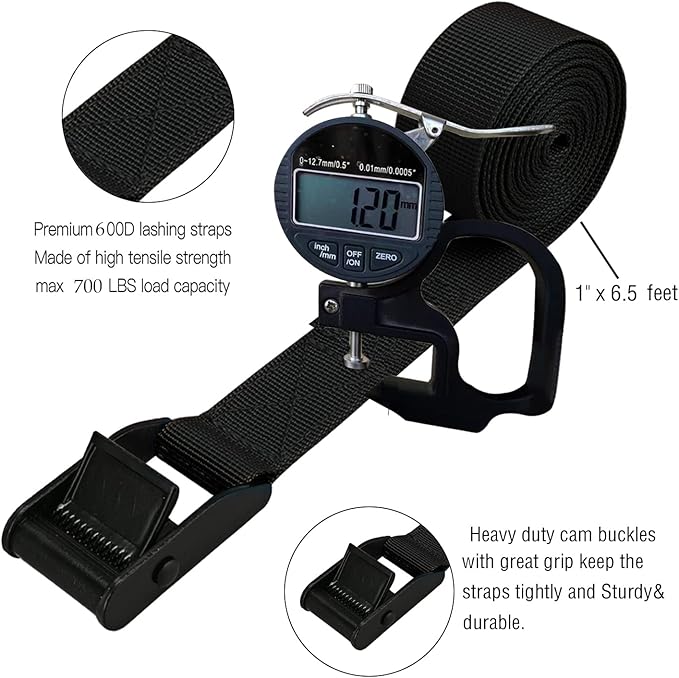 Rosemarie Cam Buckle Tie Down Straps, Heavy Duty Lashing Secure Straps Cinch Ratchet with Zinc Alloy Lock Buckle up to 700 lbs for Cargo, Luggage, Kayak,Truck Pack of 4Pcs (1" x 12Ft)