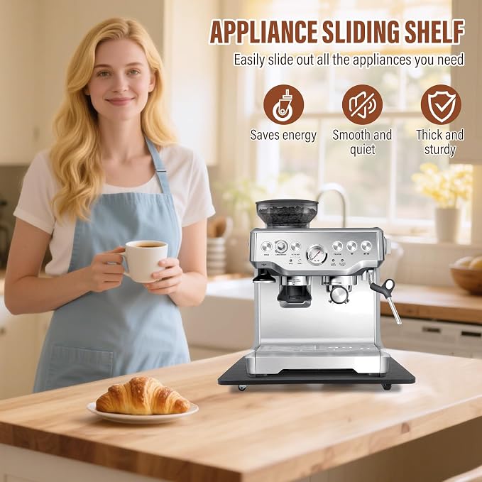 360° Appliance Slider Sliding Tray, Coffee Maker Rolling Tray for Counter Under Cabinet Coffee Pot Mat for Espresso Machine, Toaster, Air Fryer, Quiet Wheels, Black (Large 15.7"×13")