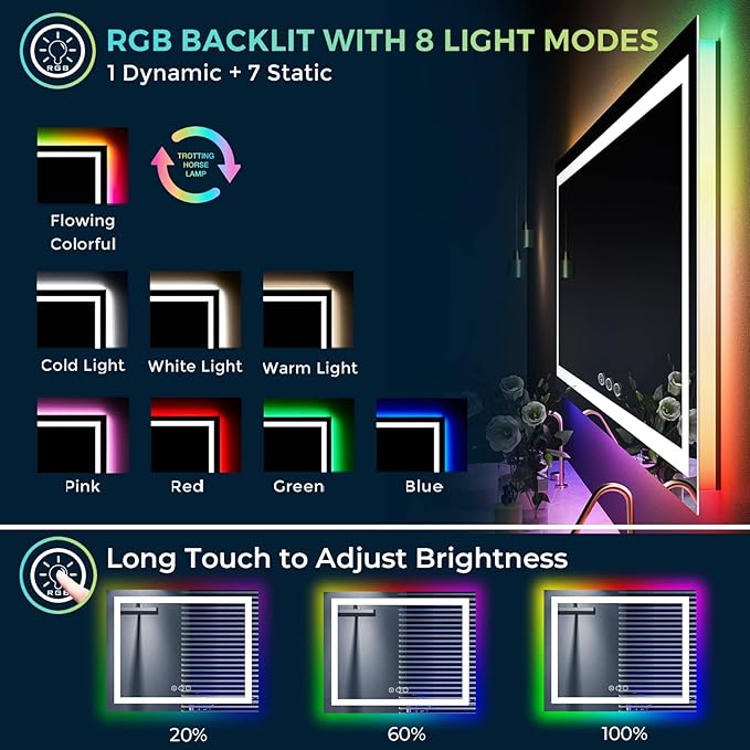 40x32 Inch RGB LED Bathroom Mirror Front Light and RGB Backlit Lighted Vanity Mirror for Bathroom Wall Mounted Dimmable Anti Fog Memory Shatter-Proof IP54 Waterproof Horizontal/Vertical