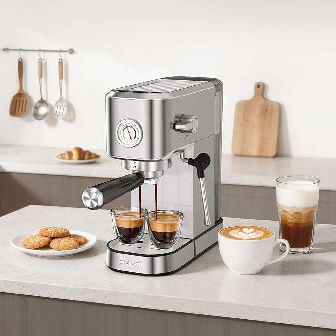 XIXUBX Espresso Machine with Milk Frother for Cappuccino & Latte for Home | 20-Bar Pump, Built-in Pressure Gauge, Powerful Steam Wand, Milk Frothing Pitcher, 42 oz Removable Water Tank, Stainless Steel