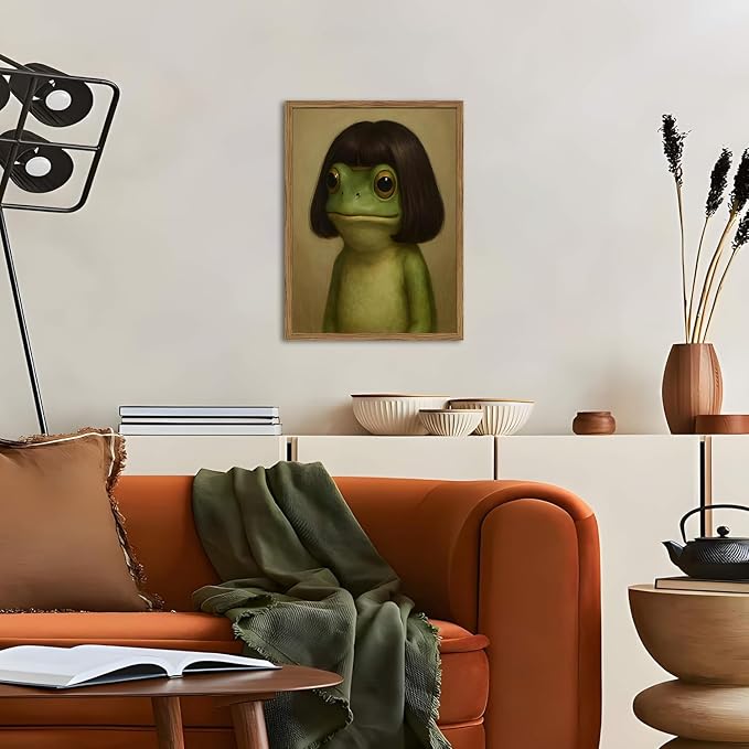 Funny Frog Wall Art, Whimsical Green Frog Wall Decor Painting Cute Animal Poster Canvas Prints Artwork for Living Room Bedroom Bathroom 16x24 inch Wood Framed