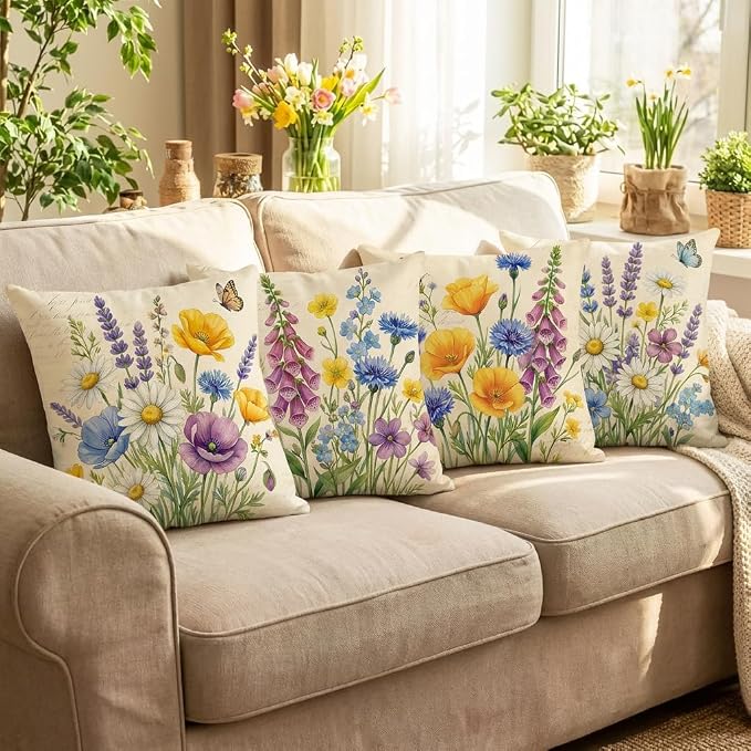 wyooxoo Throw Pillow Covers 20x20 Set of 4 Spring Pillow Covers Linen Flower Farmhouse Cushion Case for Sofa Couch Living Room Outdoor Home Decor