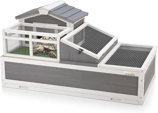 3-Room Large Tortoise Habitat with Pull-Out Tray, Wooden Reptile Enclosure Indoor & Outdoor with Ramp, Grass Mat, Openable Roof, Reptile Cage for Small Animals, Luxurious Tortoise House Villa, Gray