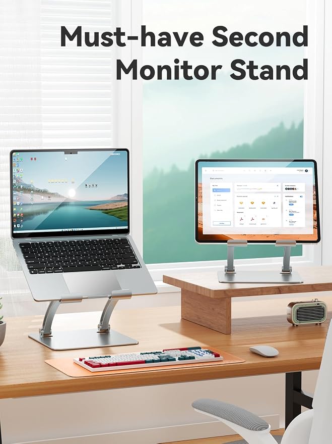 tounee Tablet Holder Stand, Dual Rod Adjustable Aluminum Desktop Stand, Compatible with 4.7-16.9" iPads, Surface Tablets, Portable Monitors, Kindle & More (Silver)