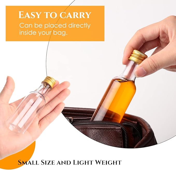 100 Pcs Mini Liquor Bottles Set, 1.7oz Plastic Shot Bottles with Caps, 6 Funnels, 100 Tags, and 65ft Ropes, Miniature Spirit Containers Bulk for Wedding Party Favors